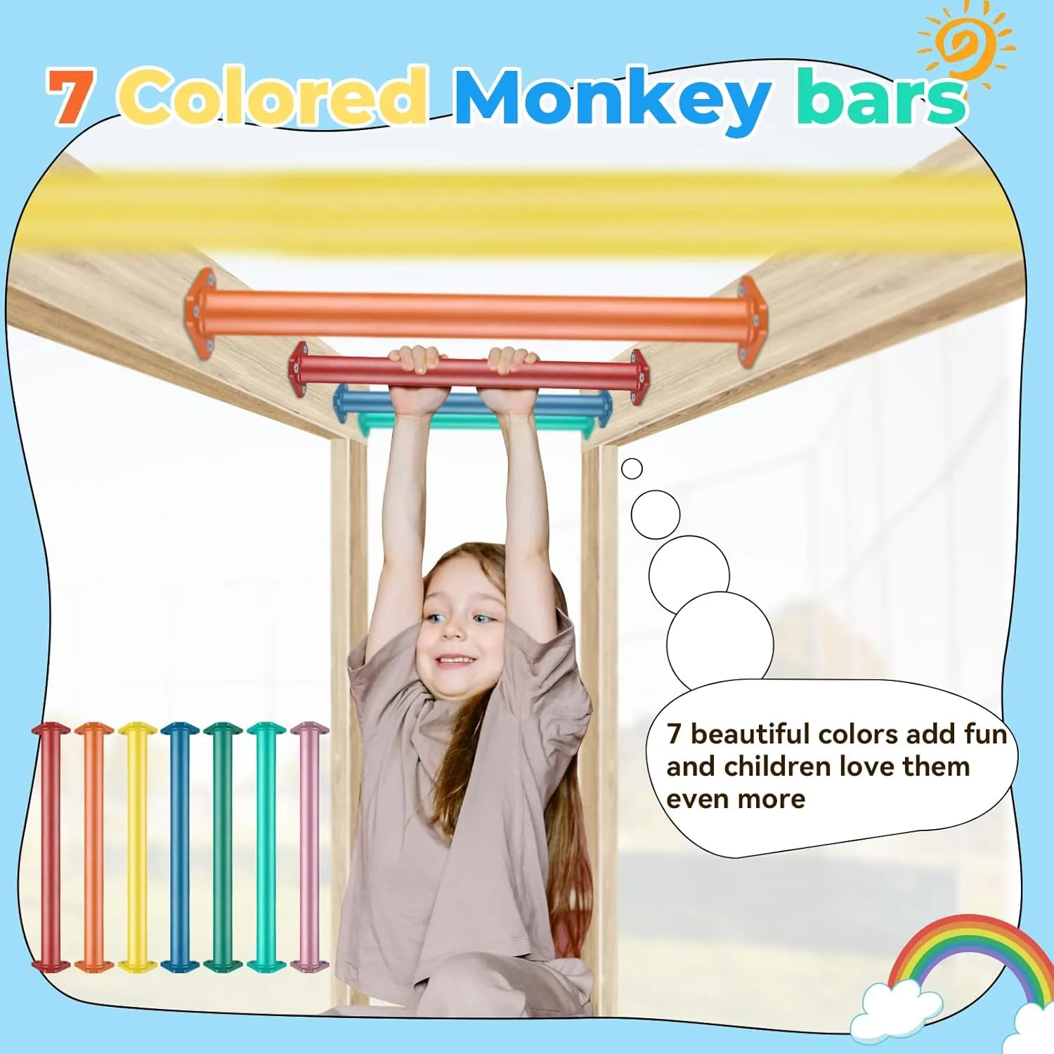 16 Inch 7 Colors Steel Monkey Bars Ladder Rungs Set for Backyards Playground and Children Indoor and Outdoor Climbing Kit (14 Pack)