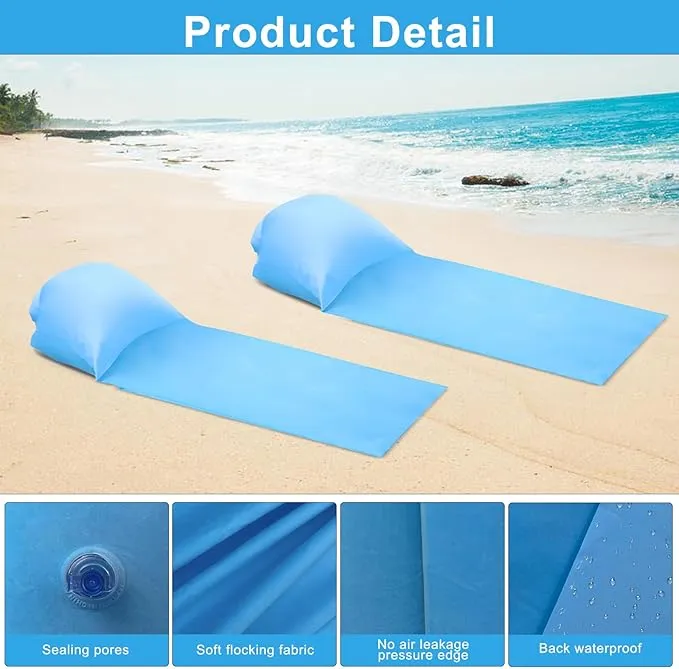 2 Pack Inflatable Beach Mat Lounge Chair with Back Pillow, Portable Flocking Leisure Beach Chairs with 2 Inflatable Pump, Beach Reclining Lounger for Beach Camping Outdoors Picnic Travel