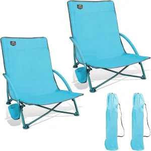 2 Pack Low Beach Chair,Folding Recliner Camping Chair for Adults,Lightweight Backpacking Low Seat Camping Chairs with Cup Holder, Carry Bag for Outdoor Camp Lawn Picnic Festival,Blue