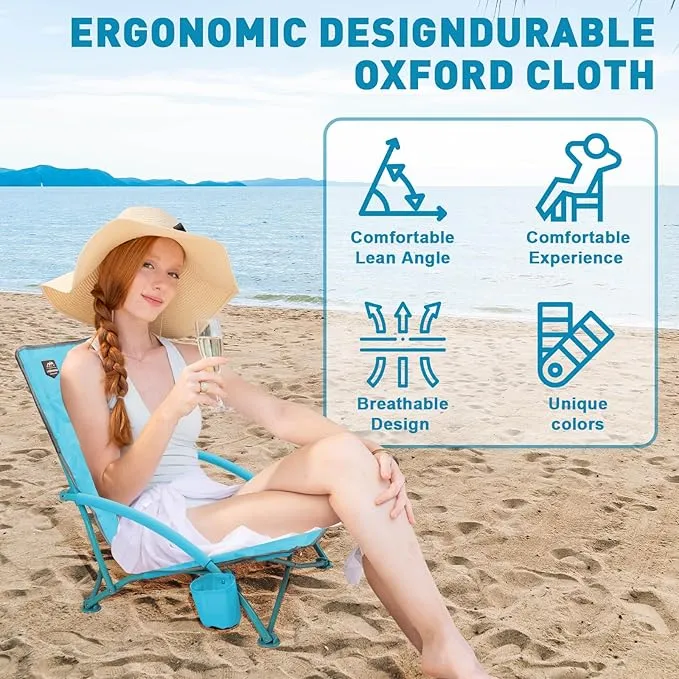 2 Pack Low Beach Chair,Folding Recliner Camping Chair for Adults,Lightweight Backpacking Low Seat Camping Chairs with Cup Holder, Carry Bag for Outdoor Camp Lawn Picnic Festival,Blue