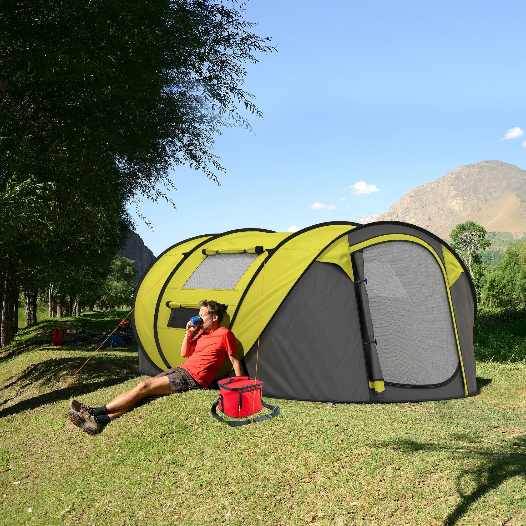 4-5 Person Pop-up Camping Tent Waterproof Family TentWith 2 Mesh Windows & PVC Windows Portable Carry Bag for Outdoor Trip Yellow