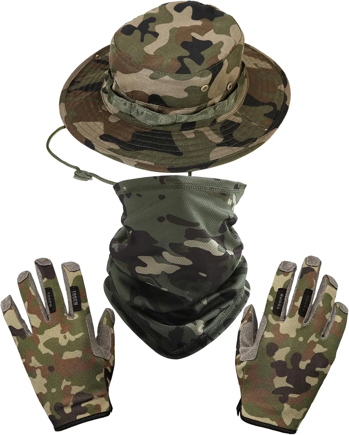 Boonie Hat with Gloves & Neck Gaiter, Men Women Camo Bucket Hats Wide Brim for Safari Military