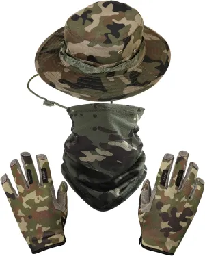 Boonie Hat with Gloves & Neck Gaiter, Men Women Camo Bucket Hats Wide Brim for Safari Military