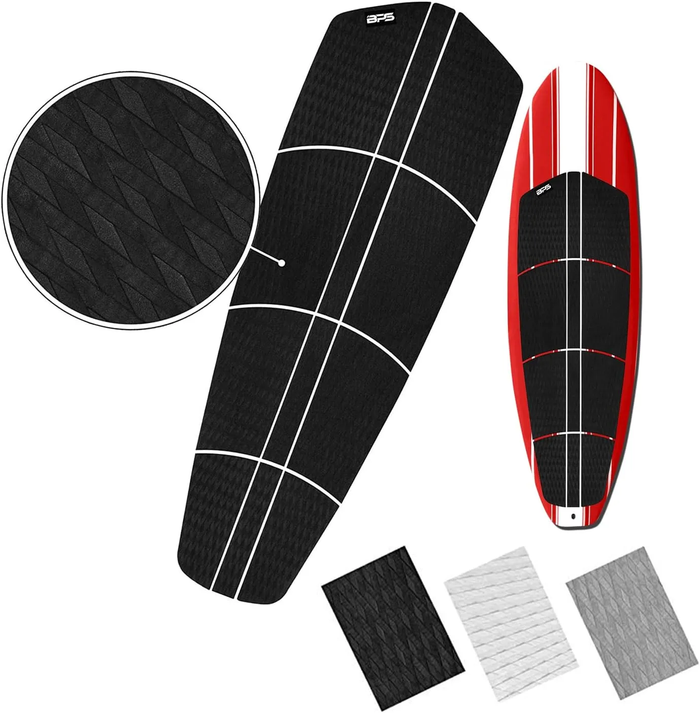 BPS 12 Piece 8 Piece Premium EVA Foam Surfboard Traction Pad Non-Slip Trimmable Deck Sheet 3M Adhesive for Longboard SUP Paddleboard Surfboard White, Black, Grey