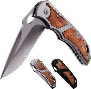 Grand Way Spring Assisted Knife - 5Cr15MoV Sharp Folding Blade - Pocket Knife with Wood Handle - Best Durable Tool for EDC Camping Survival Work - Mens Gifts Idea for Dad Husband Boyfriend 97010