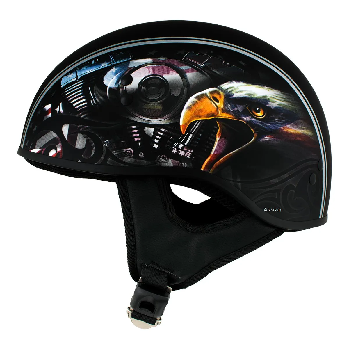 HLD1023 'V-Twin Eagle' Flat Black Motorcycle DOT Skull Cap Half Helmet for Men and Women Biker