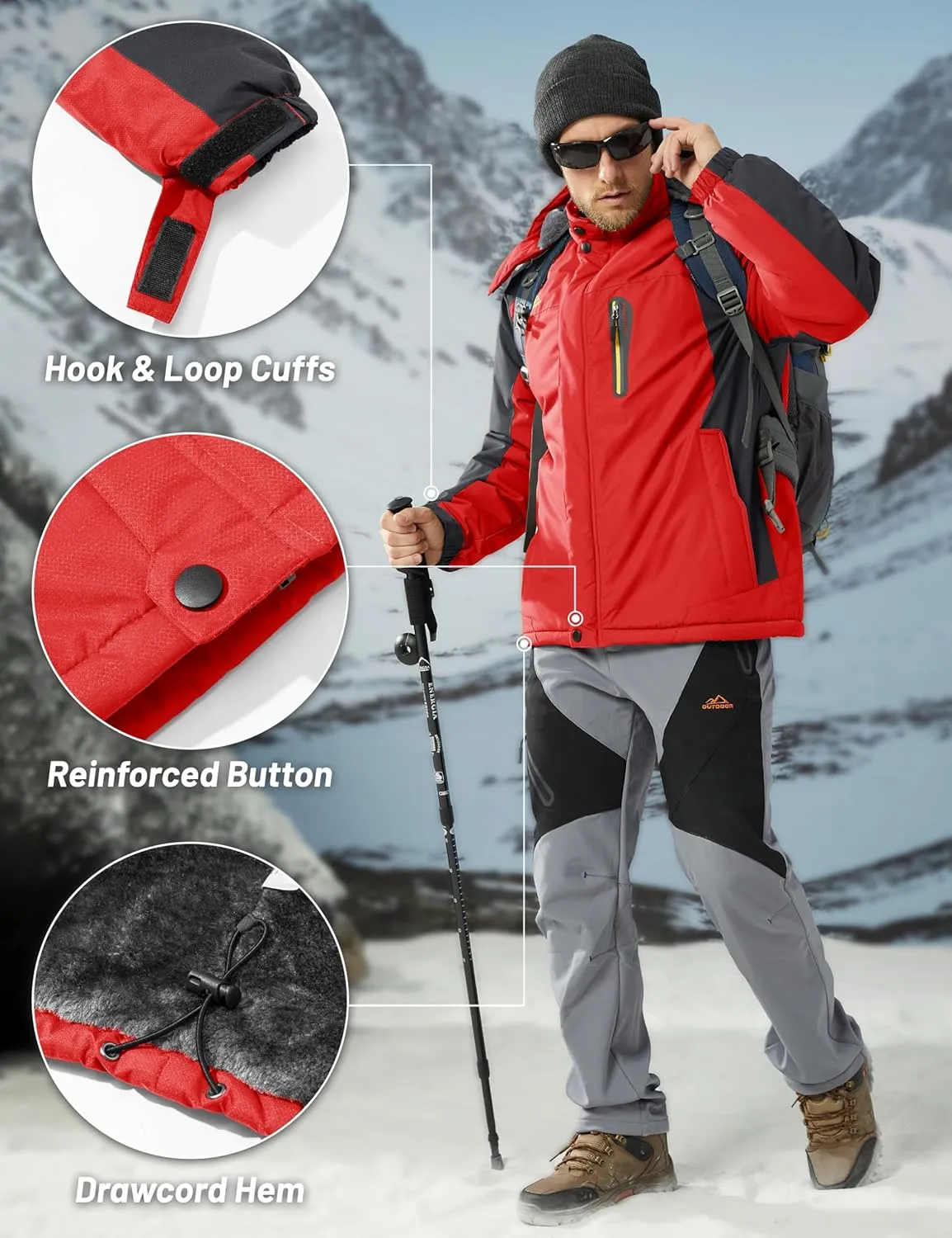 MAGCOMSEN Men's Winter Coats Water Resistant Snow Ski Jacket Fleece Lined Parka 5 Pockets
