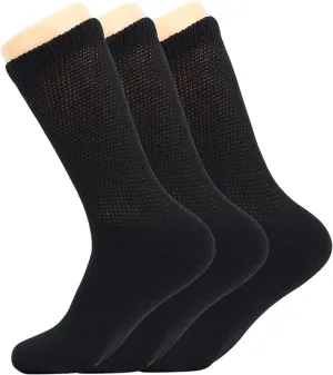 Men's Diabetic Loose Fit Non-Binding Crew Socks, 3 Pairs, Cushioned Sole, Size 9-11, 10-13, 13-15