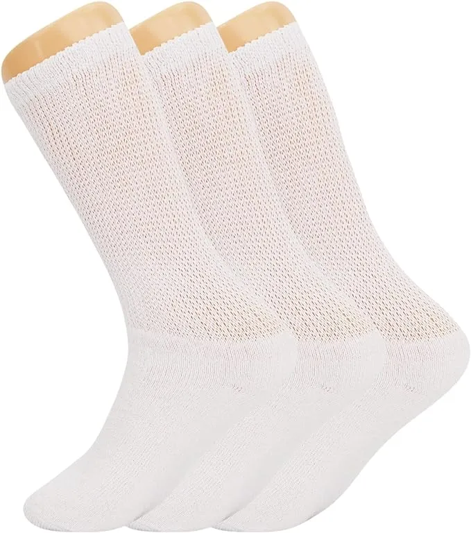 Men's Diabetic Loose Fit Non-Binding Crew Socks, 3 Pairs, Cushioned Sole, Size 9-11, 10-13, 13-15