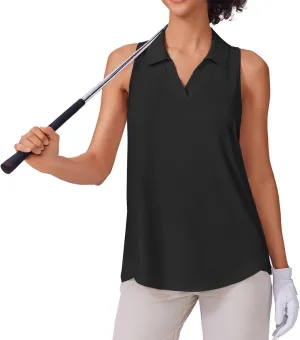 PINSPARK Womens Golf Shirt UPF 50  Sleeveless Collared Shirts Quick Dry Tennis Polo V-Neck Racerback Athletic Workout Tank