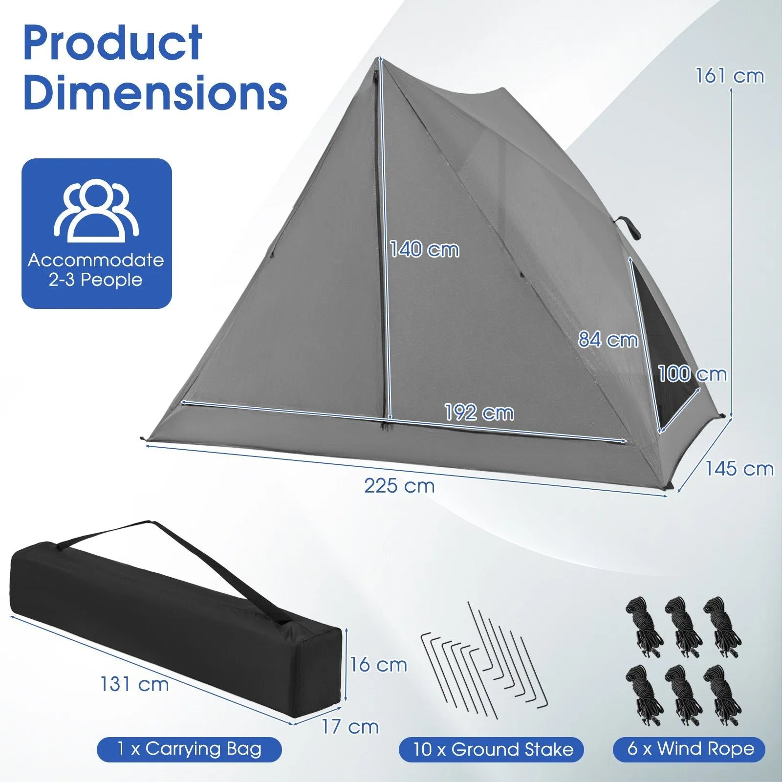 Pop-up Camping Tent with Carry Bag and Rainfly for 2-3 People-Grey