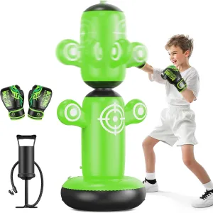 QPAU 360 Rotatable Punching Bag for Kids, Lager 64 Kids Punching Bag with Gloves, Hand Pump & 6 Targets, Bop Bag Inflatable Punching Toy, Karate Gifts for Boys, Girls