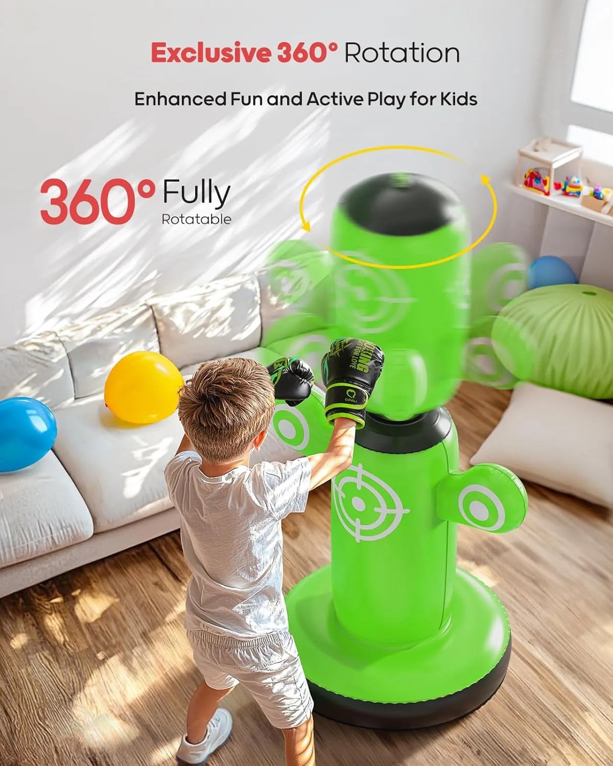 QPAU 360 Rotatable Punching Bag for Kids, Lager 64 Kids Punching Bag with Gloves, Hand Pump & 6 Targets, Bop Bag Inflatable Punching Toy, Karate Gifts for Boys, Girls