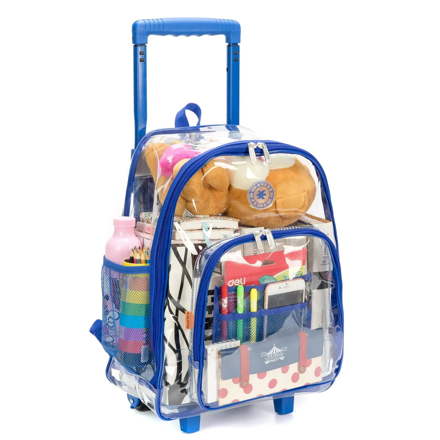 Rolling Clear Backpack Heavy Duty Bookbag See-thru Workbag Travel Daypack Transparent School Luggage with Wheels Royal Blue