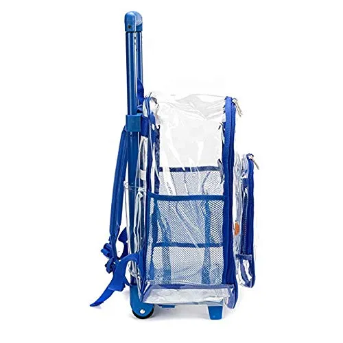 Rolling Clear Backpack Heavy Duty Bookbag See-thru Workbag Travel Daypack Transparent School Luggage with Wheels Royal Blue