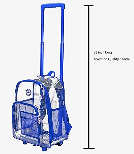 Rolling Clear Backpack Heavy Duty Bookbag See-thru Workbag Travel Daypack Transparent School Luggage with Wheels Royal Blue