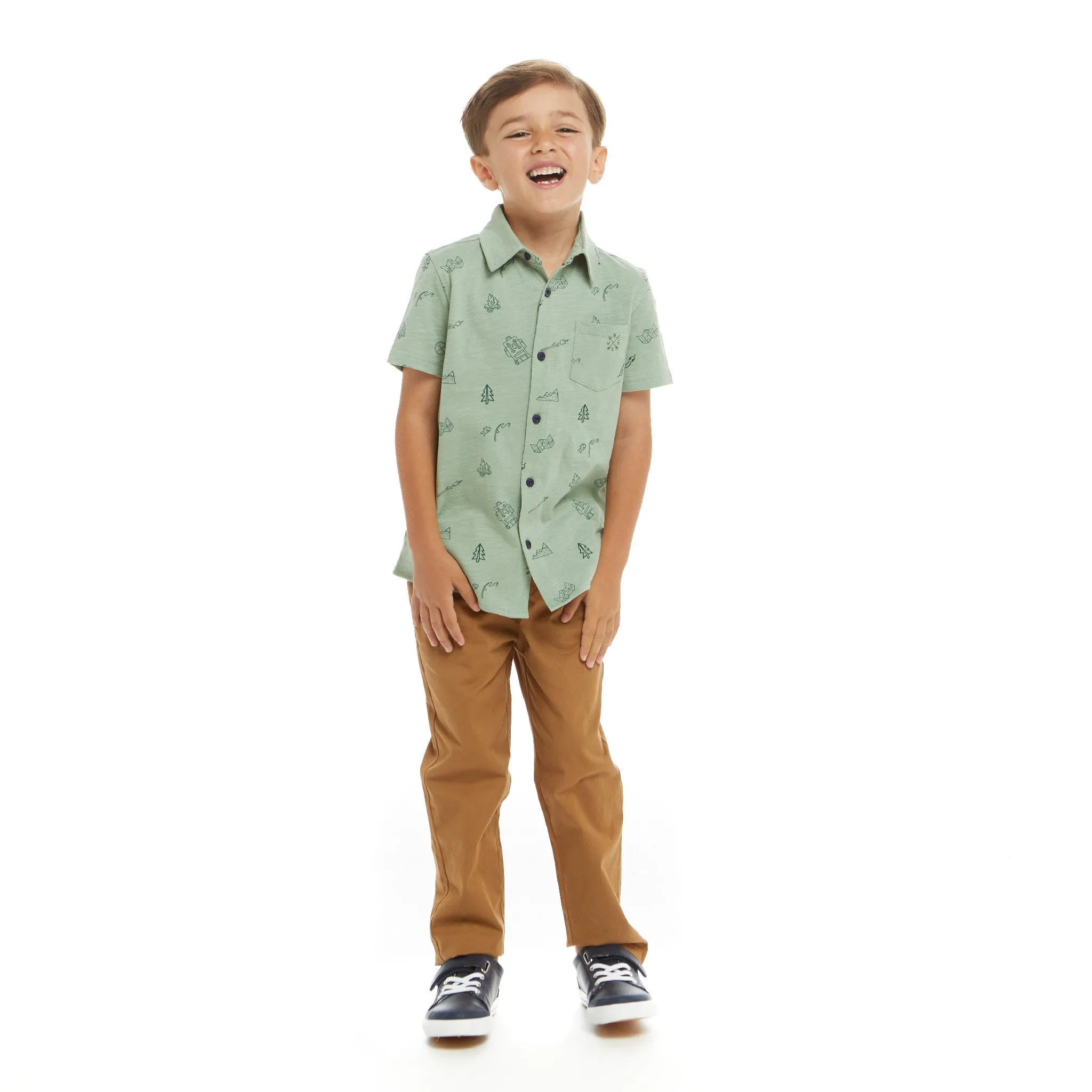 Short Sleeve Knit Buttondown Shirt | Outdoor Adventurer Print |Green