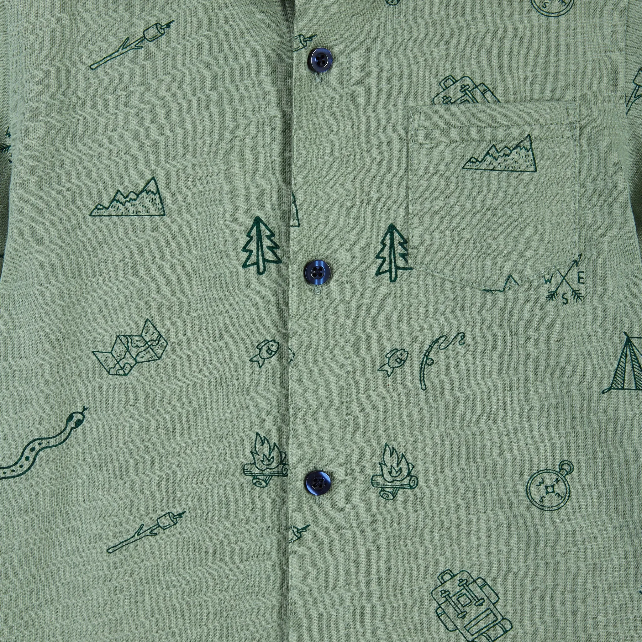 Short Sleeve Knit Buttondown Shirt | Outdoor Adventurer Print |Green