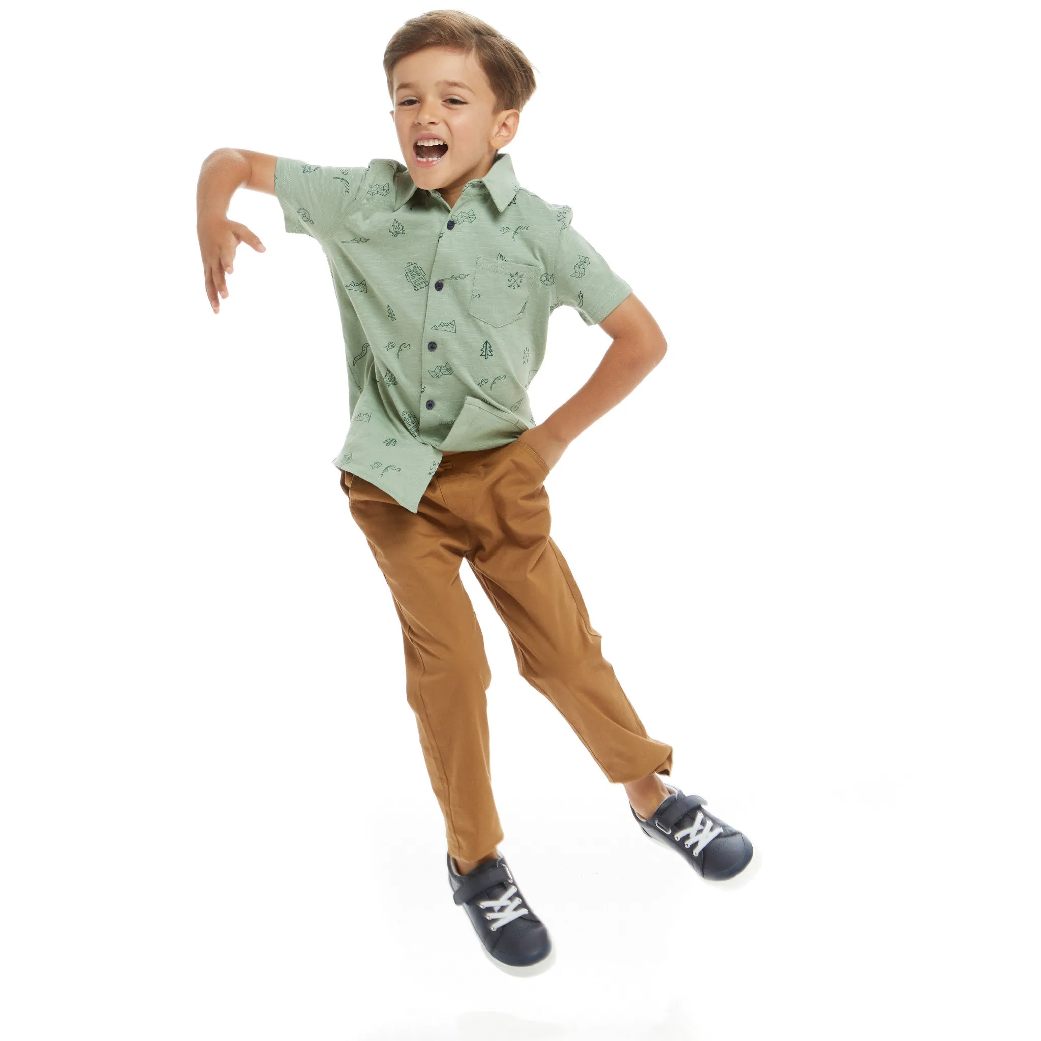Short Sleeve Knit Buttondown Shirt | Outdoor Adventurer Print |Green