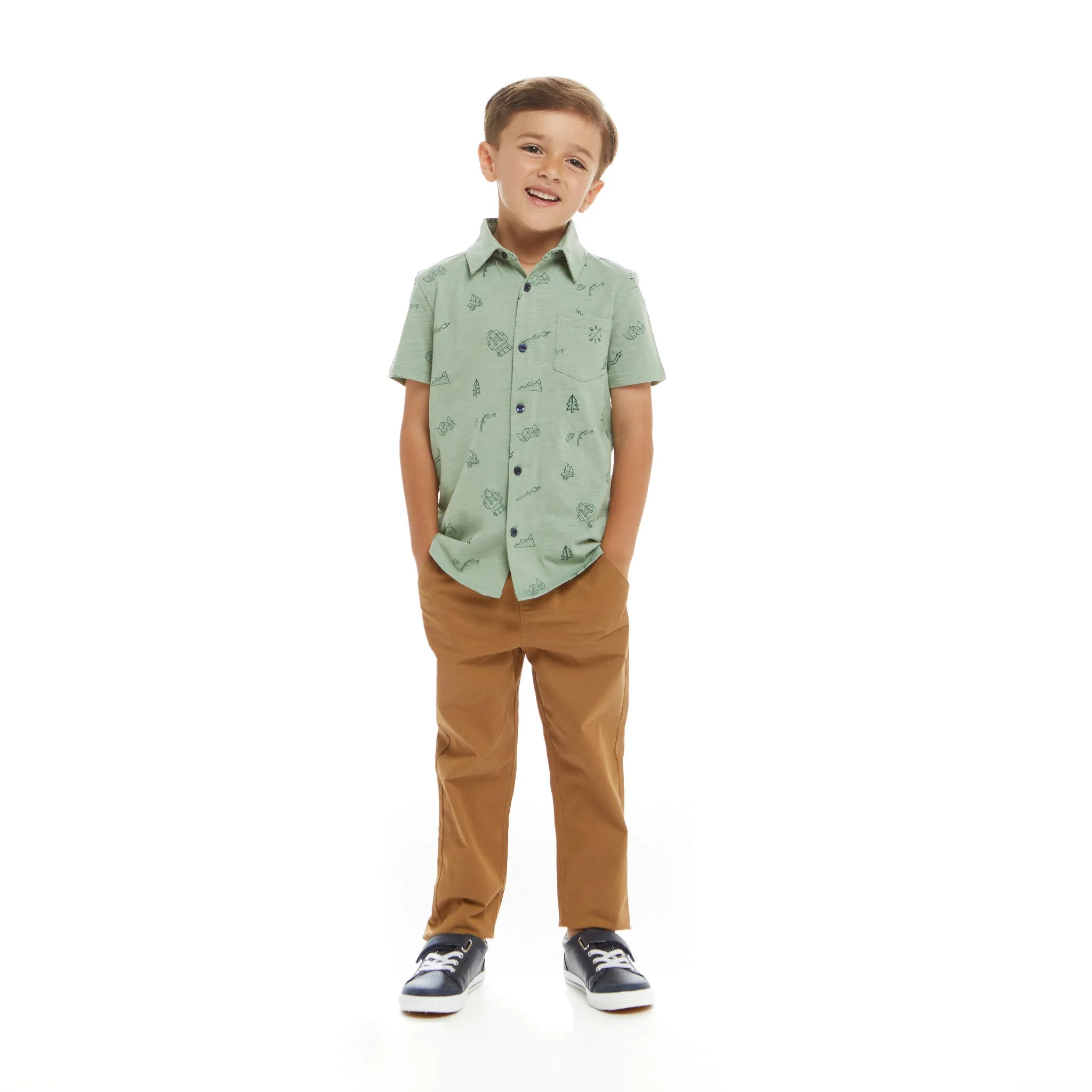 Short Sleeve Knit Buttondown Shirt | Outdoor Adventurer Print |Green
