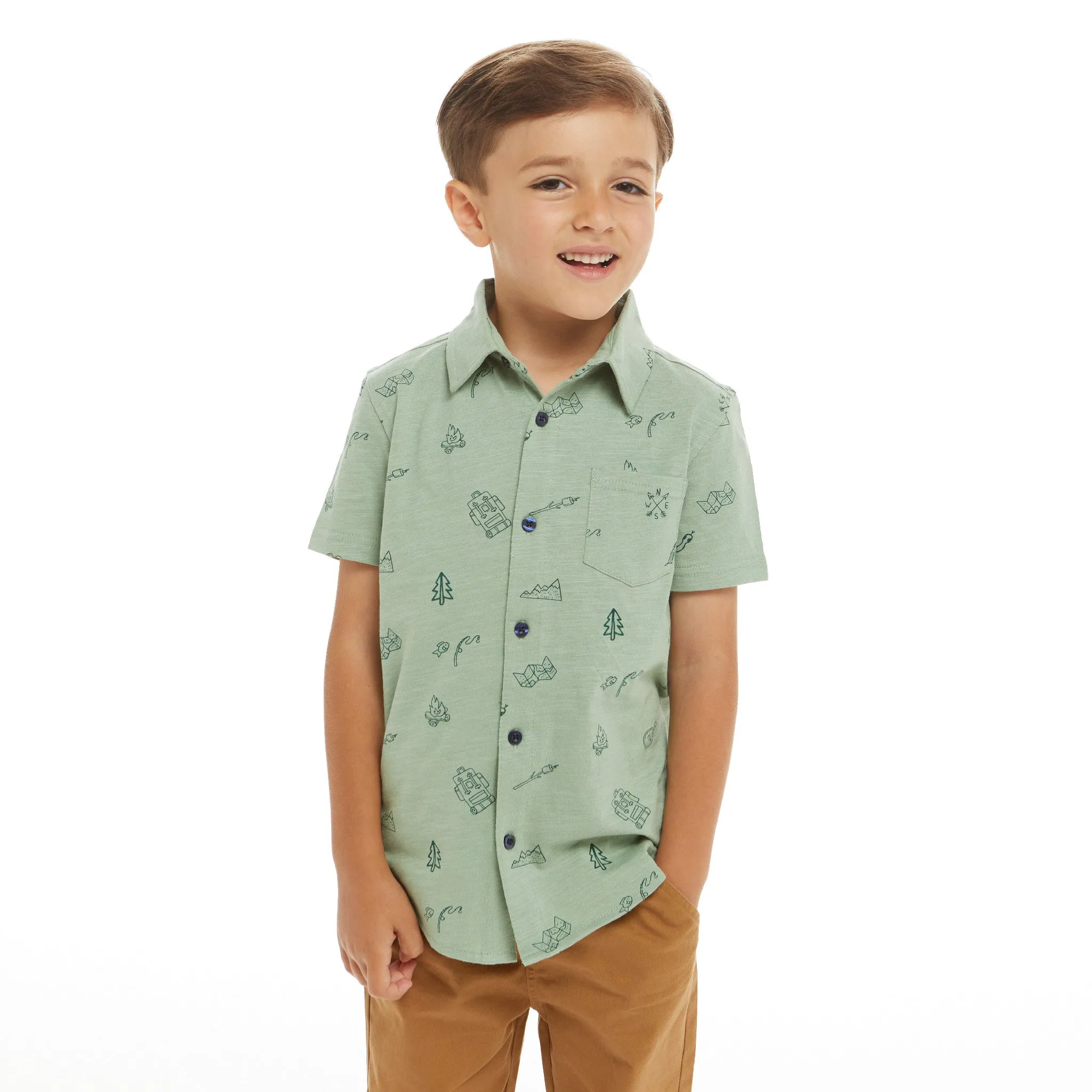 Short Sleeve Knit Buttondown Shirt | Outdoor Adventurer Print |Green