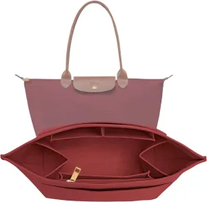 Upgraded Flet Organizer Insert for Longchamp Le Pliage M Handbag Insert (BurGundy, Medium)