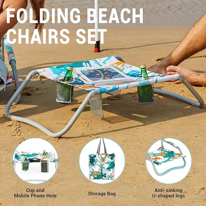 #WEJOY 2 Beach Chairs and Table Set Lightweight & Folding Backpack Beach Chair for Outdoor Beach Lawn Camping Picnic Cyan/Orange Beach Chairs Set