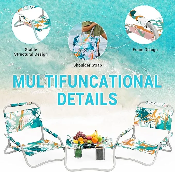 #WEJOY 2 Beach Chairs and Table Set Lightweight & Folding Backpack Beach Chair for Outdoor Beach Lawn Camping Picnic Cyan/Orange Beach Chairs Set